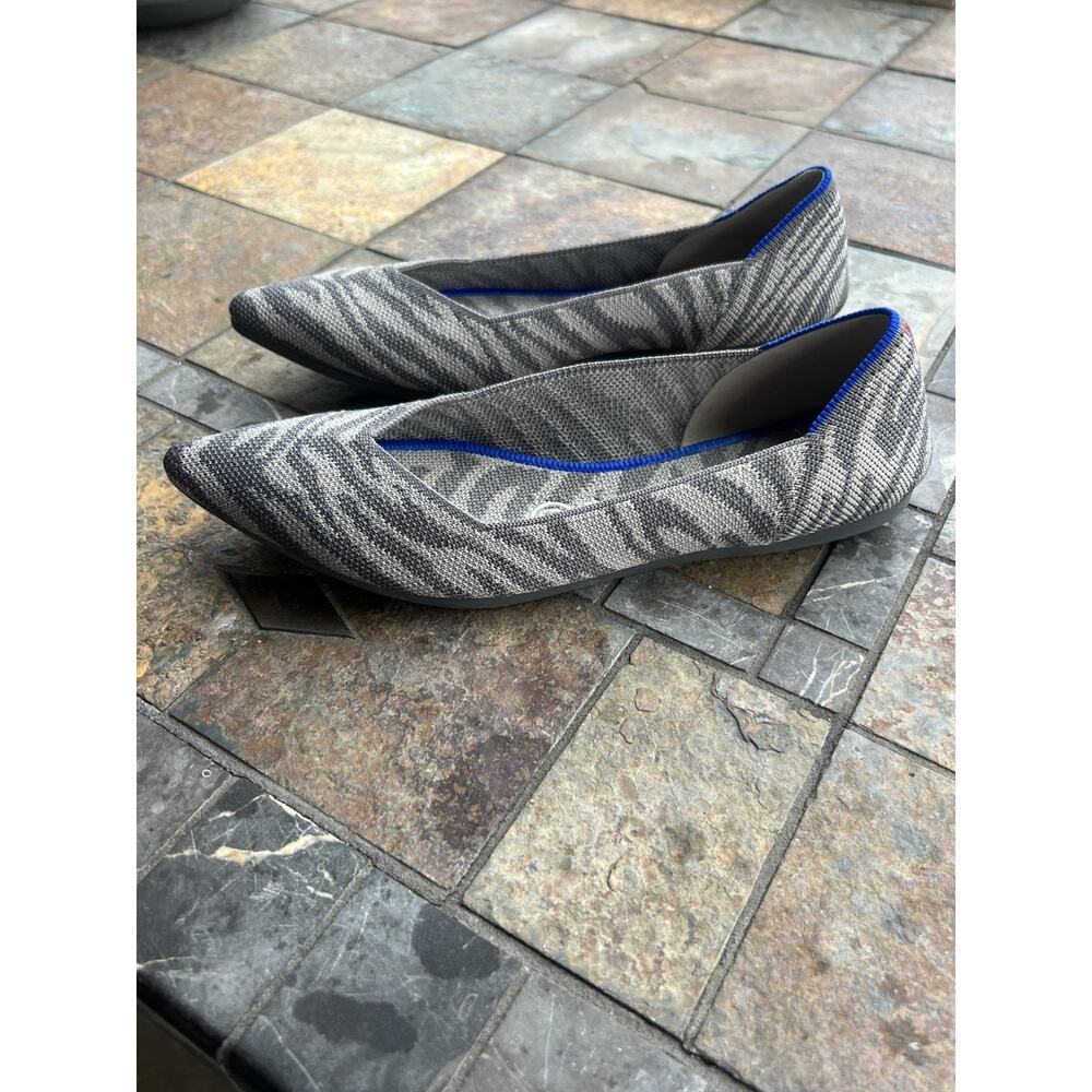 Gray Zebra-Print Pointed Toe Flats with Blue Trim